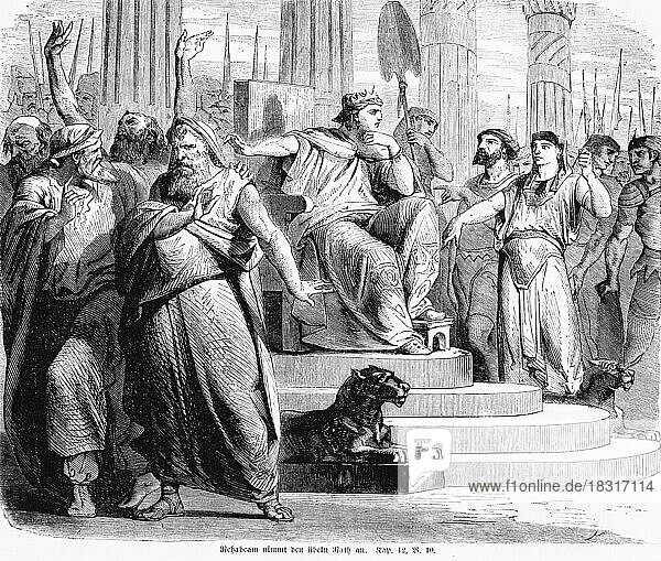 Rehoboam accepts evil advice  King Solomon  throne  father  yoke  distress  sorrow  petition  despair  group  robe  talk  Bible  Old Testament  First Book of Kings  chapter 12  verse 10  historical illustration circa 1850  Near East