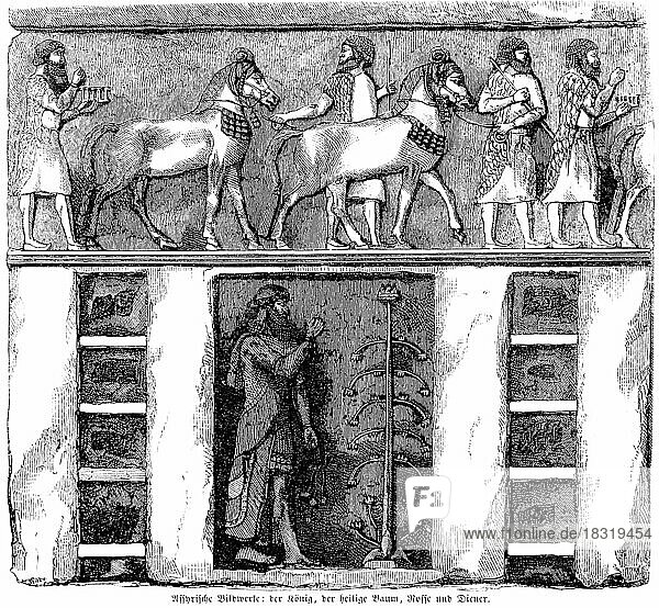 Assyrian sculpture  the king  the sacred tree  horses and servants  horses  people  object  rectangles  drawings  Bible  Old Testament  Second Book of Kings  Chapter 16  historical illustration c. 1850  Near East
