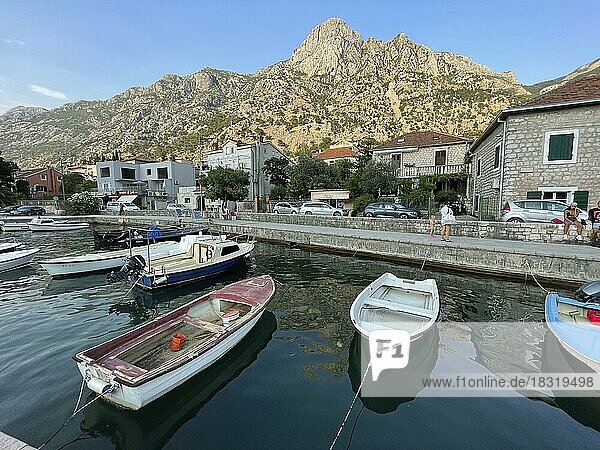 Boote an der Strandpromenade von Kotor  Bucht von Kotor  Adria  Mittelmeer  Weltnaturerbe und Weltkulturerbe  Kotor  Montenegro  Europa