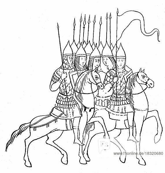 Russische Reitersoldaten im 10. Jahrhundert  Zeichnung nach einem slawischen Manuskript dieser Zeit  Historisch  digital restaurierte Reproduktion einer Originalvorlage aus dem 19. Jahrhundert  genaues Originaldatum nicht bekannt