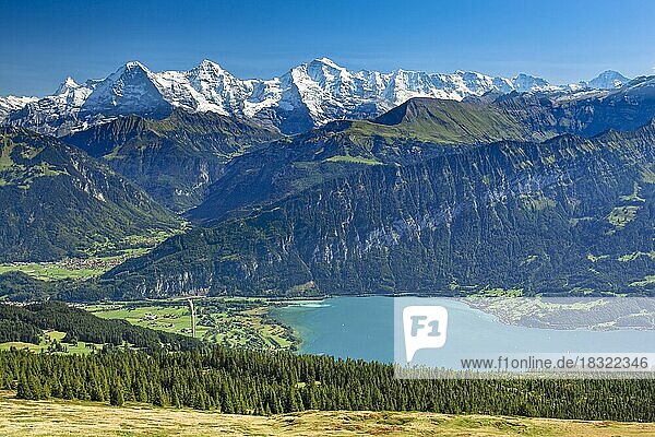 Schweizer Alpen  Aussicht vom Niederhorn  Eiger  3974 m  Moench  4099 m  Jungfrau  4158m  Thunersee  Herbst  Berner Oberland  Bern  Schweiz  Europa