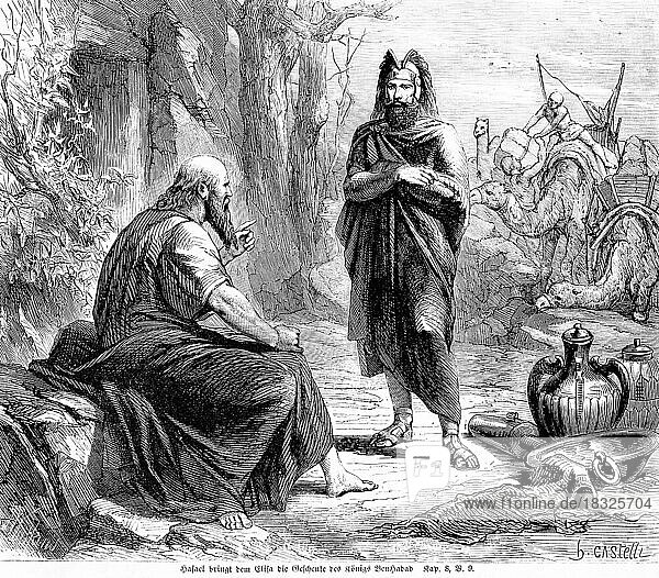Hazael brings the gifts of King BenHadad to Elisha  Damascus  forty camels  Syria  sickness  heal  ask  talk  sit  Bible  Old Testament  Second Book of Kings  chapter 8  verse 9  historical illustration c. 1850  Near East  Asia