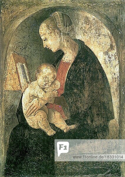 Madonna und Kind mit Buch  Gemälde von Giovanni Santi  1435  1494  ein italienischer Maler der umbrischen Schule und Vater Raffaels  Historisch  digital restaurierte Reproduktion einer Vorlage aus dem 19. Jahrhundert