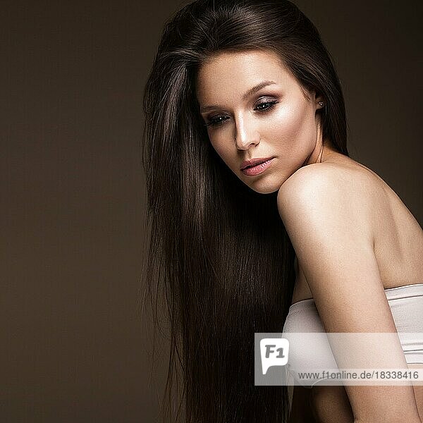 Beautiful brunette girl with a perfectly smooth hair  and classic make-up. Beauty face. Picture taken in the studio