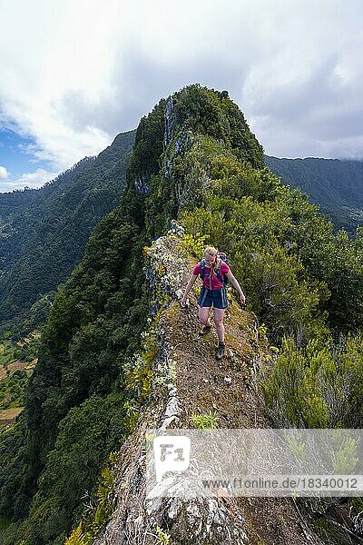 Hiker on the ridge of Pico do Alto  Madeira  Portugal  Europe