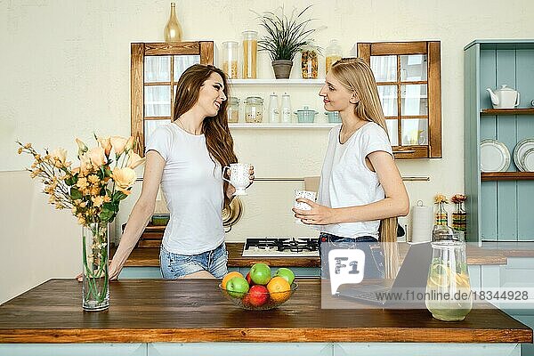 Zwei junge attraktive Frauen stehen hinter dem Tisch in der Küche  trinken Tee und unterhalten sich