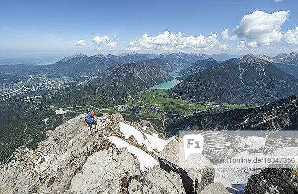 Wanderin blickt vom Thaneller auf den Plansee und östliche Lechtaler Alpen  Tirol  Österreich  Europa