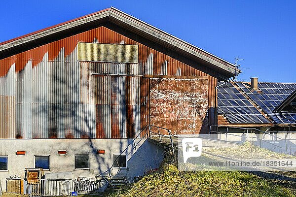 Blechfassde und Solarpanel an einem Bauernhof  Allgäu  Bayern  Deutschland  Europa