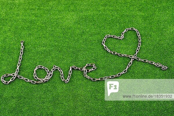 Kette bilden eine Herzform und das Wort LOVE auf Gras