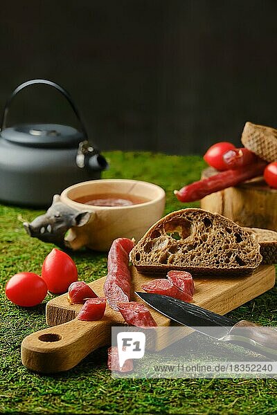 Snack auf dem Moos mit getrockneter dünner Wurst  Brot und Tomaten