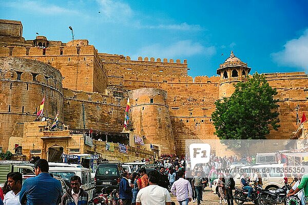 Jaisalmer  India  November 16  2019: Tourist crowd in famous Rajasthan tourism attraction Jaisalmer Golden fort Sonar Quila. Jaisalmer  Rajasthan  India  Asia