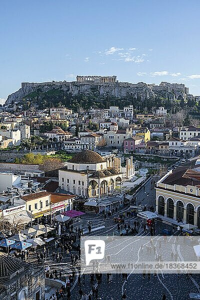 View over the old town of Athens  with Tzisdarakis Mosque and Acropolis  Monastiraki Square  Athens  Attica  Greece  Europe