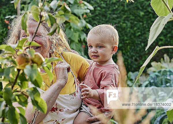 Grandmother holding toddler on hip in garden