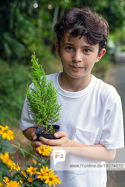 A boy holding a small tree sapling in a pot  standing in a garden.