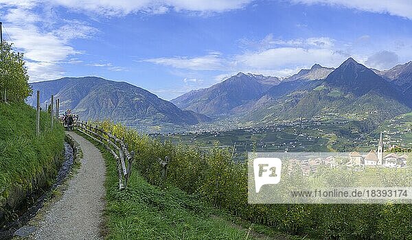 View from the Schenner Waalweg to the church of St.Georgen  Schenna  South Tyrol  Italy  Europe
