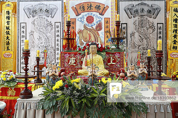 Buddha sitzend in Meditationshaltung und Altar  Phuoc Long Buddhist Temple  Tan Chau  Vietnam  Indochina  Südostasien  Asien