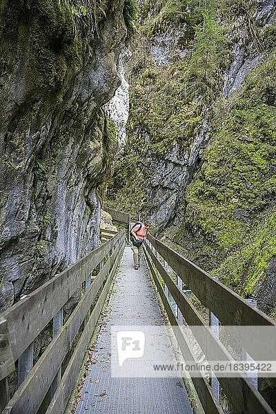 Wanderin auf Steiganlage in der Gilfenklamm  Ratschings  Südtirol  Italien  Europa