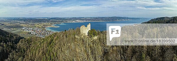 Aerial view of Lake Constance with the Altbodman castle ruins with the village of Bodman-Ludwigshafen  Constance district  Baden-Württemberg  Germany  Europe