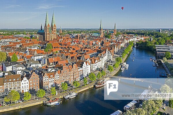 Aerial view over the river Trave and old sailing ships and boats in the old town of the Hanseatic City of Lübeck  Schleswig-Holstein  Germany  Europe