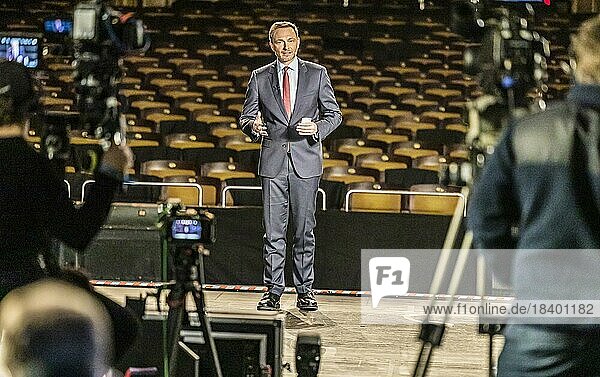 Traditional Epiphany meeting of the FDP in Stuttgart  Christian LINDNER  Member of the German Bundestag  FDP Federal Chairman  in front of TV cameras and empty seats at the Opera House  Stuttgart  Baden-Württemberg  Germany  Europe