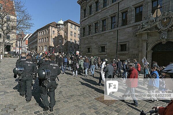 Police accompanying the demonstration Fridays for future in Nuremberg  Middle Franconia  Bavaria  Germany  Europe