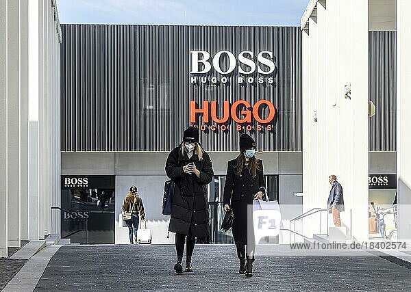 Outletcity Metzingen  shopping centre  factory outlet for more than 300 premium and luxury brands  exterior view Hugo Boss  Metzingen  Baden-Württemberg  Germany  Europe
