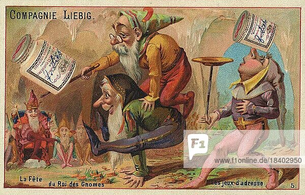 Bilderserie Zwerge  das Fest des Wichtelkönigs  König der Gnomen  Geschicklichkeitsspiele  digital restaurierte Reproduktion eines Sammelbildes von ca 1900