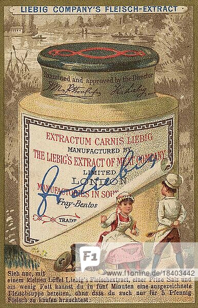 Bildserie Extrakttöpfe 1  große Töpfe  Sieh nur  mit einem kleinen Löffel ...  Koch und Magd  digital restaurierte Reproduktion eines Sammelbildes von ca 1900