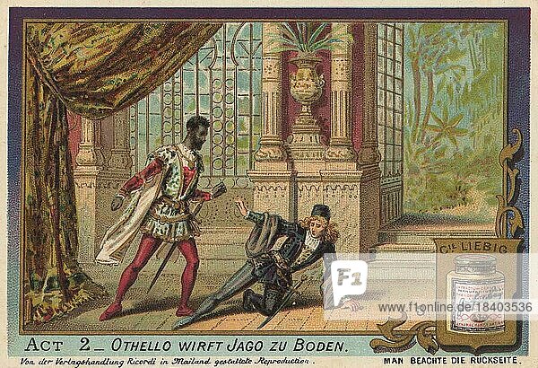 Bildserie Othello  Oper von Verdi  Othello wirft Jago zu Boden  digital restaurierte Reproduktion eines Sammelbildes von ca 1900