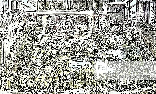 Mittelalterliches Ritterturnier  Wien  Österreich  Historisch  digital restaurierte Reproduktion von einer Vorlage aus dem 19. Jahrhundert  Europa