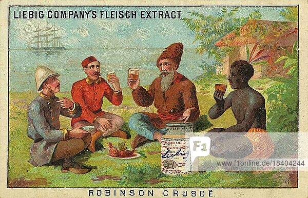 Bilderserie Die Geschichte des Robinson Crusoe  Robinsons Abschied von seiner Insel  zusammen mit seinen Rettern  digital restaurierte Reproduktion eines Sammelbildes von ca 1900