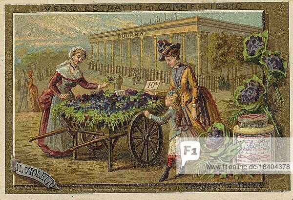 Picture series Veggasi a Tergo  il violetto  Lady with child buying violets at a flower stall  digitally restored reproduction of a collectors picture from c. 1900