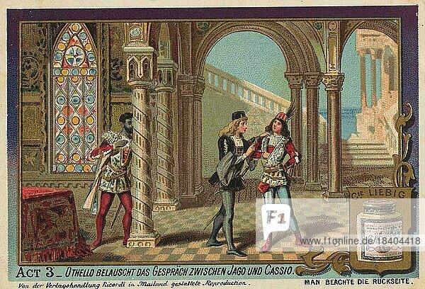Bildserie Othello  Oper von Verdi  2. Akt  Othello belauscht das Gespräch zwischen Jago und Cassio  digital restaurierte Reproduktion eines Sammelbildes von ca 1900