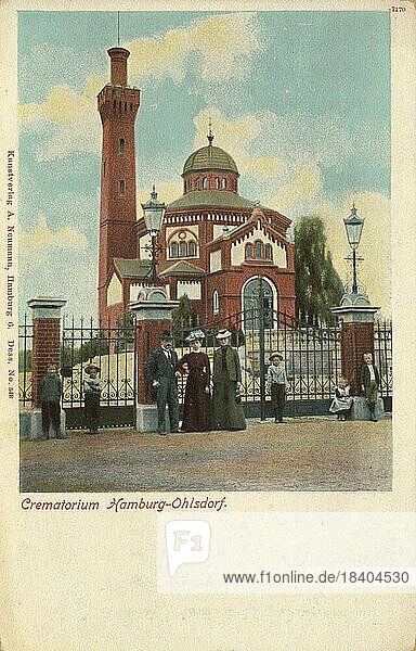 Crematorium in the district of Ohlsdorf  Hamburg  Germany  postcard with text  view around ca 1910  historical  digital reproduction of a historical postcard  public domain  from that time  exact date unknown  Europe