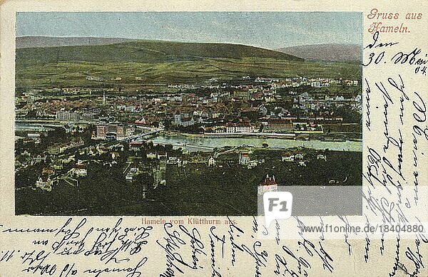 View from the Klütturm  Hameln  Lower Saxony  Germany  postcard with text  view around ca 1910  historical  digital reproduction of a historical postcard  public domain  from that time  exact date unknown  Europe