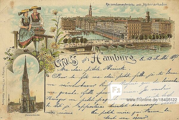 Reesendammbrücke  Alsterarkaden  Hamburg  Deutschland  Postkarte mit Text  Ansicht um ca 1910  Historisch  digitale Reproduktion einer historischen Postkarte  public domain  aus der damaligen Zeit  genaues Datum unbekannt  Europa