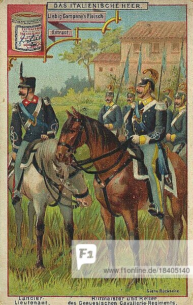 The Italian Army  Lancier-Lieutenant  Cavalry Captain and Horsemen of the Genoese Cavalry Regiment  digitally restored reproduction of a collectors picture from ca 1900