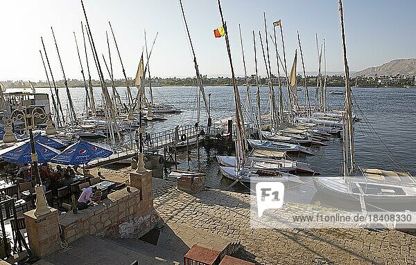 Boat mooring for traditional sailing boats or feluccas on the Nile  Luxor  Egypt  Africa