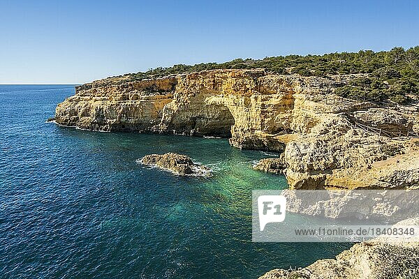 Beautiful cliffs and rock formations by the Atlantic Ocean at Marinha Beach in Algarve  Portugal  Europe