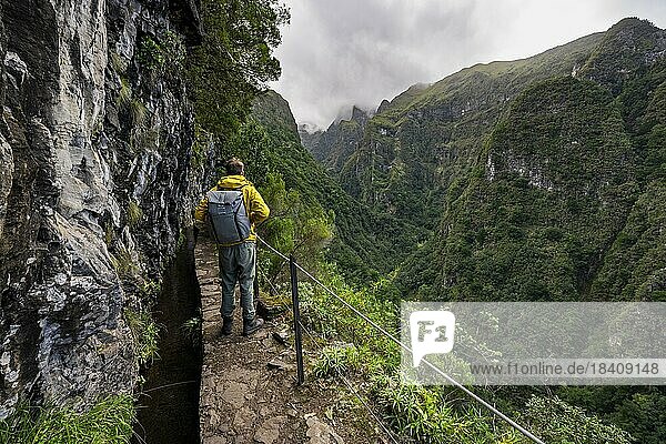 Wanderer an einem schmalen Wanderweg entlang einer Levada  Ausblick auf bewaldete Berge und Schluchten  Levada do Caldeirão Verde  Parque Florestal das Queimadas  Madeira  Portugal  Europa