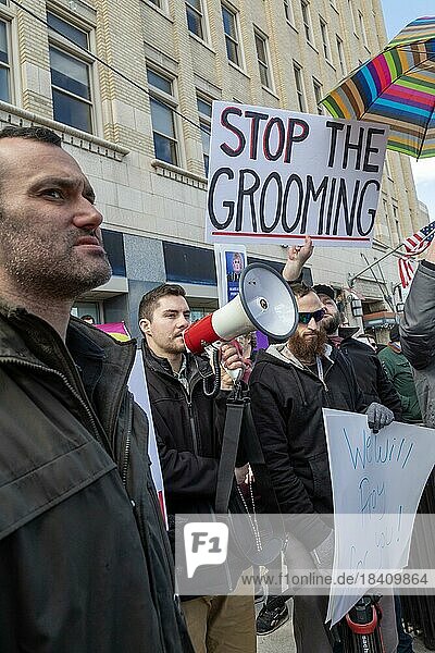 Royal Oak  Michigan USA  11 March 2023  A small group of conservative Republicans protesting the Sidetrack Bookshops Drag Queen Story Hour were outnumbered by many hundreds of counter-protesters supporting the LGBTQ community
