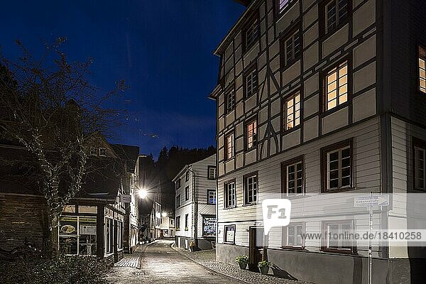 Historic old town on the Rur in the evening  half-timbered houses  Monschau  North Rhine-Westphalia  North Rhine-Westphalia  Germany  Europe