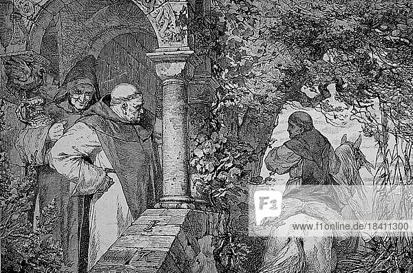 Ekkehard II of Nellenburg  1088  and the monks of Reichenau Monastery  Lake Constance  Germany  Historical  digitally restored reproduction from a 19th century original  Europe