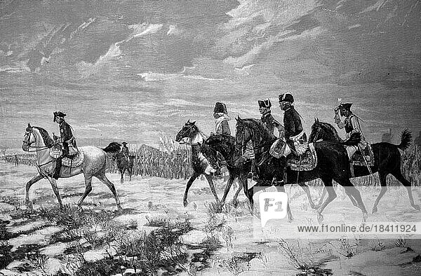 Friedrich der Große und sein Stab in der Schlacht von Leuthen  Feldzug 1814 in Nordostfrankreich  Historisch  digital restaurierte Reproduktion von einer Vorlage aus dem 19. Jahrhundert
