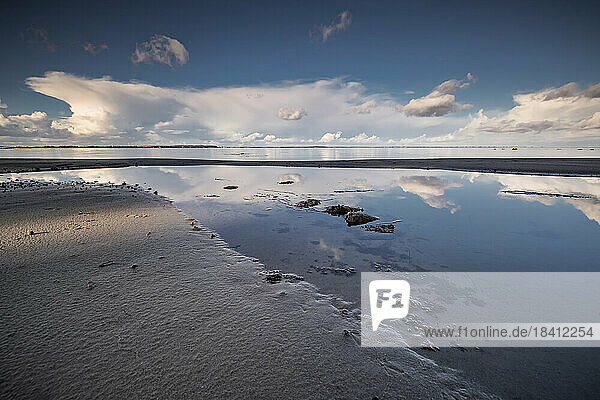 Menschenleerer Strandabschnitt an der Flensburger Förde abseits der touristischen Hotspots. Die Wolken spiegeln sich auf den Wasserlachen zwischen den Sandbänken. Sonnige Spätnachmittagsstimmung
