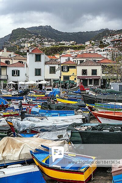 Fischerboote und bunte Hauser  Ort Câmara de Lobos  Madeira  Portugal  Europa