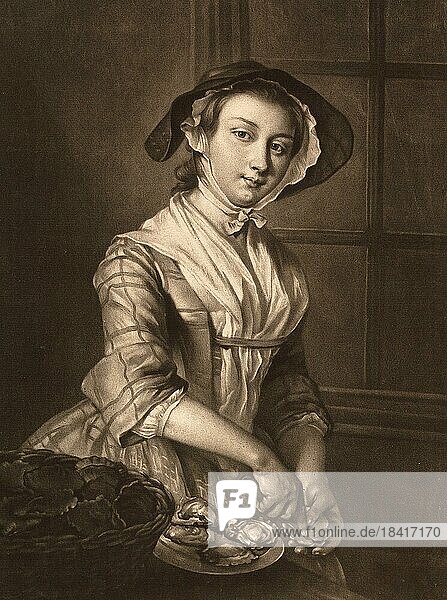 Hausfrau  öffnet Austern  Köchin  um 1760  Frankreich  Historisch  digital restaurierte Reproduktion einer historischen Vorlage  Europa