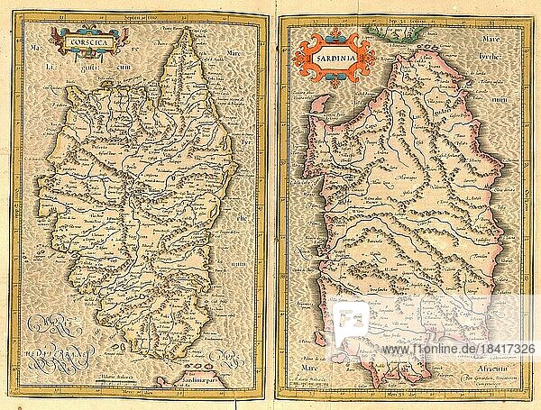 Atlas  Landkarte aus dem Jahre 1623  Korsika  Frankreich und Sardinien  Italien  digital restaurierte Reproduktion von einem Kupferstich von Gerhard Mercator  geboren als Gheert Cremer  5. März 1512  2. Dezember 1594  Geograph und Kartograf  Europa