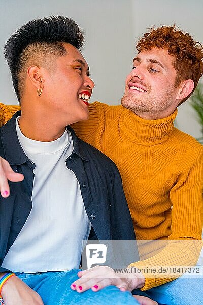 Portrait of beautiful gay couple in makeup  smiling indoors at home  lgbt concept