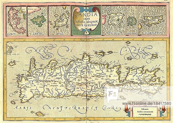 Atlas  Landkarte aus dem Jahre 1623  Kreta  Griechenland  digital restaurierte Reproduktion von einem Kupferstich von Gerhard Mercator  geboren als Gheert Cremer  5. März 1512  2. Dezember 1594  Geograph und Kartograf  Europa